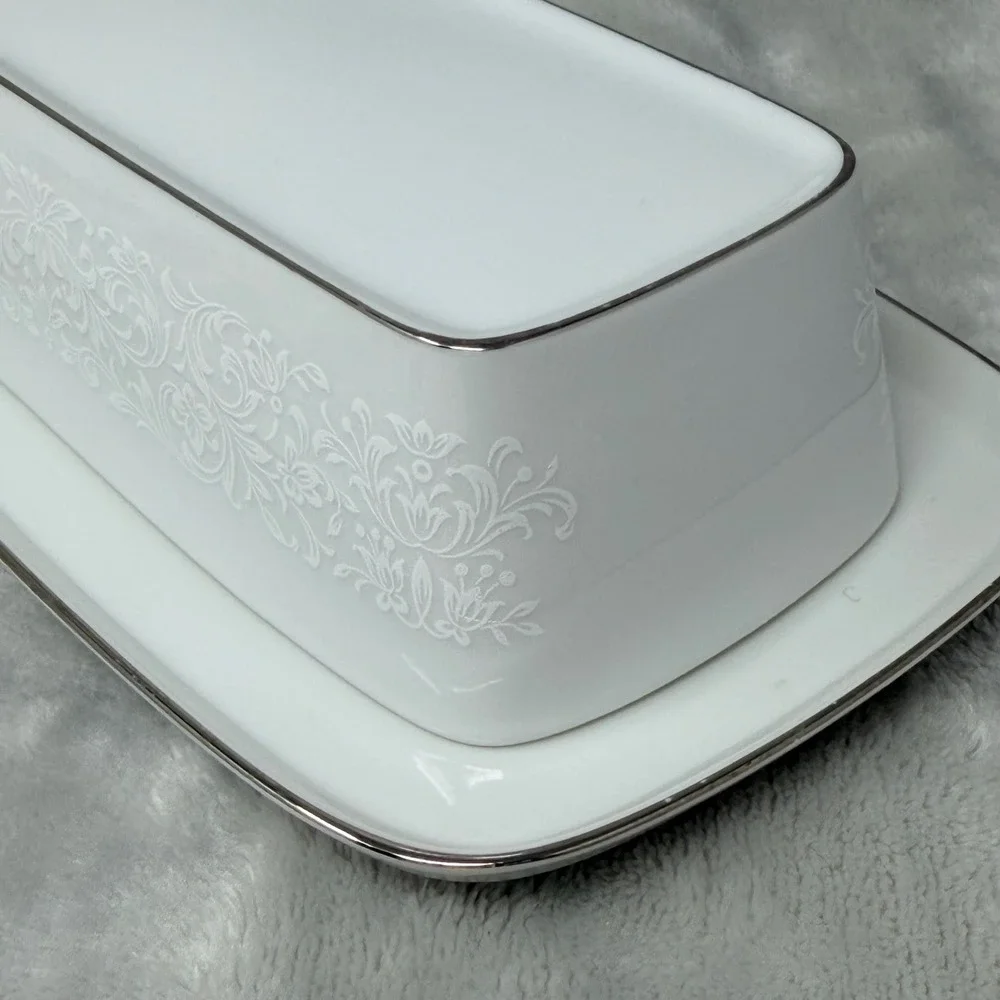 Crown Victoria‎ Empress Fine China Butter Dish with Lid White Floral Silver Trim